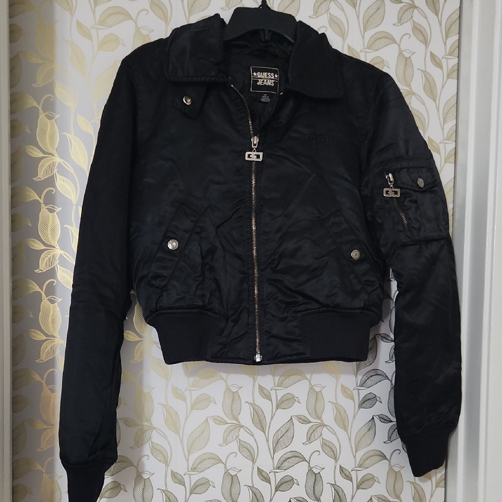 Guess Black Bomber Jacket with Silver Accents